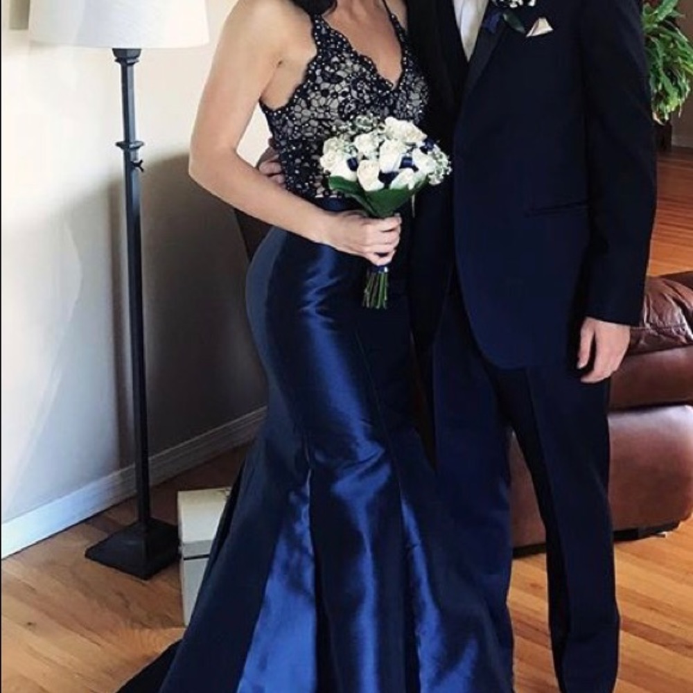 Navy blue two piece corset prom dress